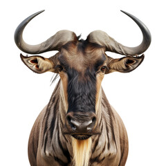 Closeup portrait of an african wildebeest isolated on a white background - obrazy, fototapety, plakaty