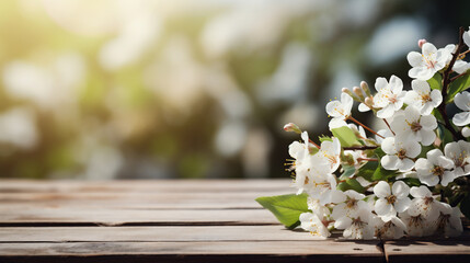 Spring blooming branch with white flowers on blue bokeh background