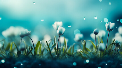 Fototapeta na wymiar Spring flowers series, beautiful white tulips with dew drops on green grass