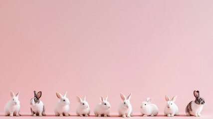 Row of cute Easter bunnies / rabbits against a pink background. Easter / spring theme background with copy space for text.