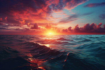 Colorful sunset over calm ocean.