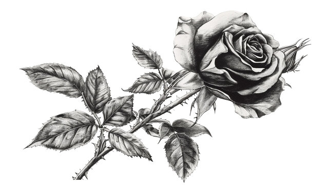Black and white ink featuring a closed rose on Transparent Background