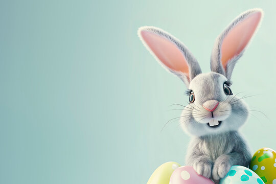 Cartoon Easter bunny against a blue background. Easter / spring theme with copy space for text