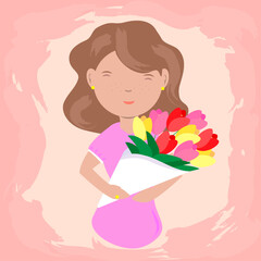 Woman with Flowers, Abstract Background, Mother's Day, Valentine's Day, Birthday, Romantic, Flat Design, Women's Day, Bouquet, Vector Illustration