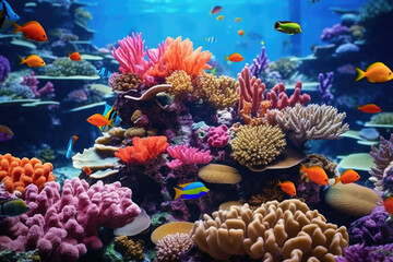Colorful coral reef teeming with tropical fish and other marine life.
