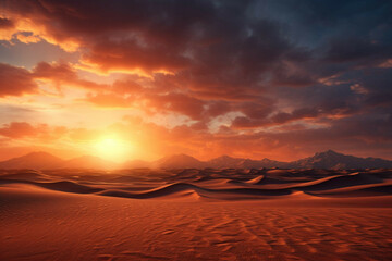 Fototapeta na wymiar Desert landscape with sand dunes and a dramatic sunset sky.