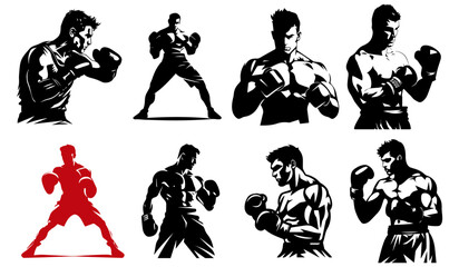 Vector silhouette drawing of boxers in different poses - obrazy, fototapety, plakaty