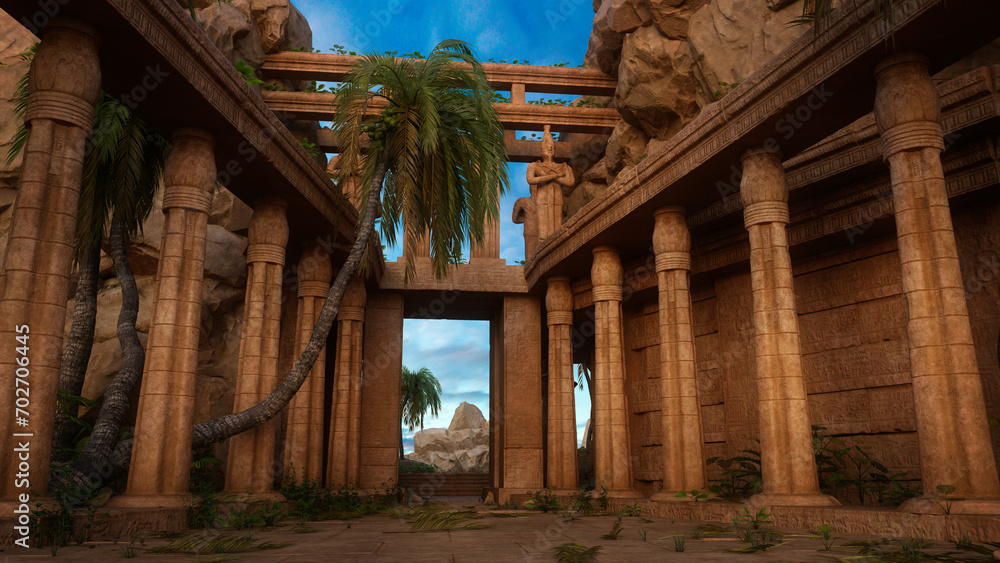Poster Fantasy ancient Egyptian ruins with palm trees growing between stone columns. 3D rendering.