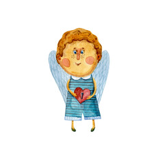 Cartoon figurine of a boy with wings holding a heart in his hands.