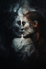 Beautiful couple of lovers in smoke, close-up portrait.