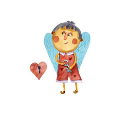 A cartoon boy with wings holds a heart in his hands.