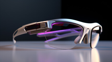close up shot of sci fi a AR glasses with HUD interface on it 