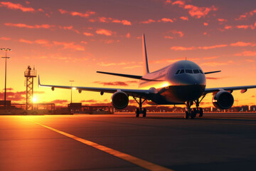 Fototapeta na wymiar Cargo plane parked on runway at sunset