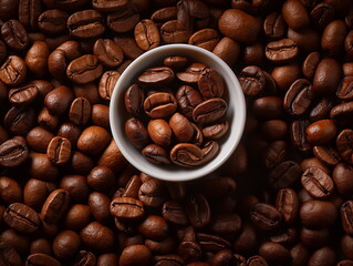 Naklejka premium Mug on plate filled with coffee surrounded by coffee beans, cup of coffee. Generated AI.