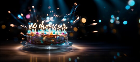 Bright birthday cake with candles with copy space