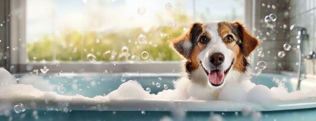A cheerful dog enjoying a bubble bath with a window view. A happy canine with a bright expression sits in a sudsy tub. Panorama with copy space. National dog day. - obrazy, fototapety, plakaty