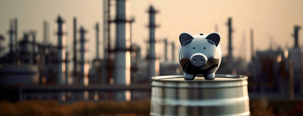 Investing in Black Gold: Piggy Bank on the background of Oil Refinery. Monetary Prospects in the Energy Sector. Concept of savings with the lucrative energy industry, rising oil barrel prices. - obrazy, fototapety, plakaty