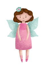 Cartoon fairy girl flying in cute pink dress with wings