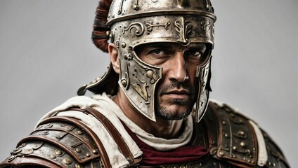 Middle-aged man portraying a Roman centurion with a realistic helmet and armor, serious expression, against a grey backdrop, reflecting historical accuracy and strength.