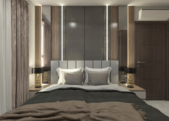 Modern Bed Design with Cushion Headboard and Wall Panel Decoration
