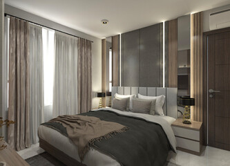 Modern Master Bedroom Design with Wooden Wall Background