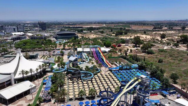 Aerial Lockdown Beautiful View Yamit Water Park Against Clear Sky On Sunny Day - Holon, Israel