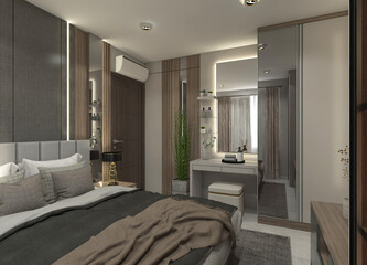 Fototapeta na wymiar Luxury Master Bedroom Design with Makeup Table and Mirror Display