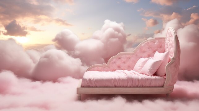 A pink chaise lounge floating on pink clouds