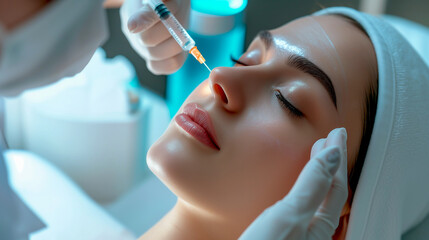 Mesotherapy facial rejuvenation, cosmetology treatment through injections - obrazy, fototapety, plakaty