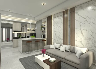 Modern Living Room Apartment Design with Bar Table and Pantry Area