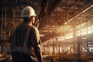 Naklejka na ściany i meble Construction worker inspecting building under construction