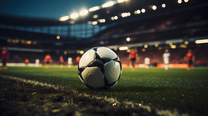 Pallone da calcio sull'erba di un campo da calcio di uno stadio all'imbrunire con luci accese - obrazy, fototapety, plakaty