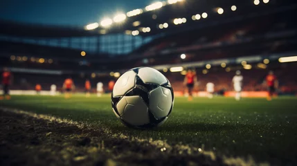 Poster Pallone da calcio sull'erba di un campo da calcio di uno stadio all'imbrunire con luci accese © Wabisabi
