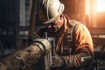 Construction worker operating jackhammer on site. - obrazy, fototapety, plakaty