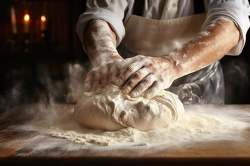 Fototapeta premium Baker kneading dough with flour dusting the air.