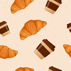 Croissant and cup seamless pattern.