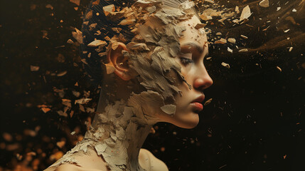 Woman's dry skin transforms with desert texture, abstract environment