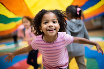 Happy girl child playing having fun at indoor park playground. Generative AI