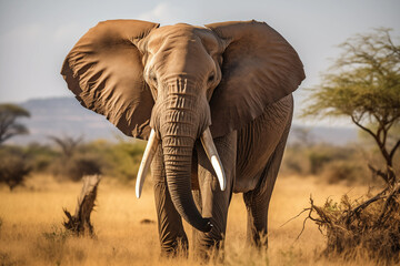 Obraz premium Elephant standing in savannah at nature. Generative AI