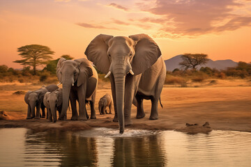 Fototapeta na wymiar Elephant family drinking water in savannah. Generative AI