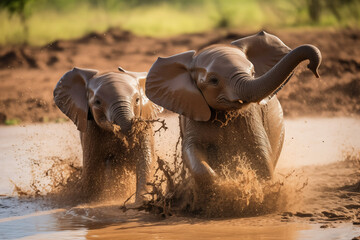 Two baby elephants playing in mud. Generative AI - Powered by Adobe