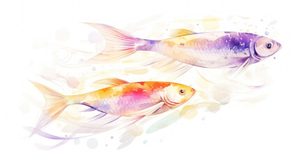 Exotic fish light background. Transparent watercolour. Pastel colour palette. Generative AI