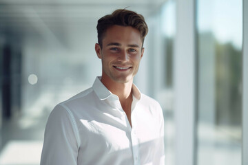 a young man in a white shirt is smiling in front of a glass wall - obrazy, fototapety, plakaty