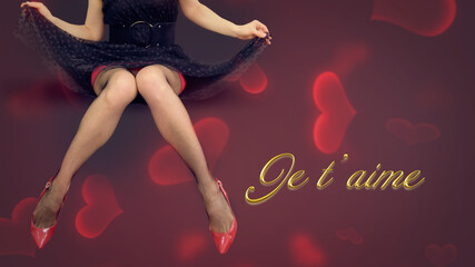 Text je t aime, I love you in french. Sexy female legs in fishnet stockings. Valentine's Day card