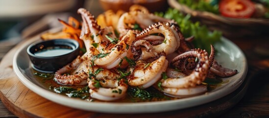 Seafood dipping sauce with grilled squid on a dish.