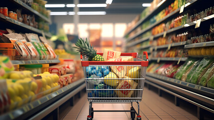 A shopper's perspective at a brightly lit grocery store aisle, with a shopping cart, fresh produce and packaged goods on display