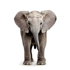 Baby elephant isolated on a white background, highlighting its adorable ears and trunk, creating a pure and appealing visual effect
