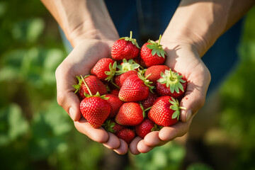 Heap of strawberries in hands. Generative AI