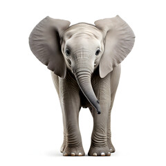 Fototapeta premium Baby elephant on a white isolated background, highlighting its adorable ears and trunk, creating a pure and appealing visual effect