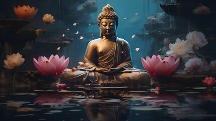 Buddha statue in the water along with lotuses